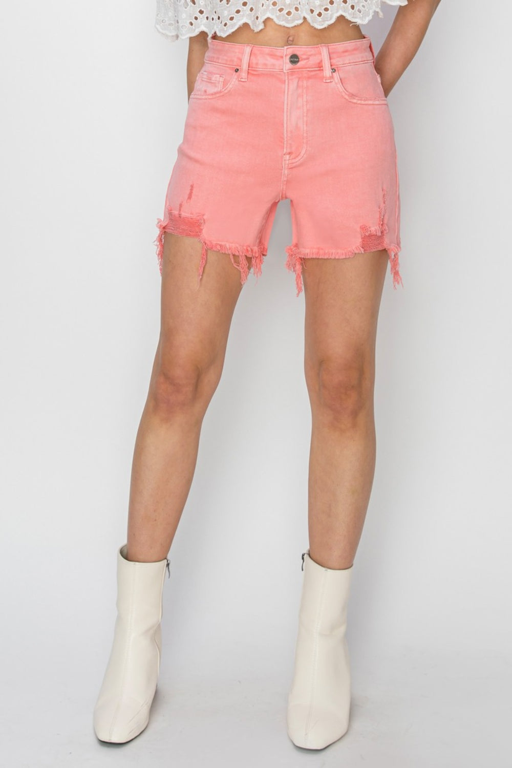 RISEN High Rise Distressed Denim Shorts in Pink Flamingo Southern Soul Collectives