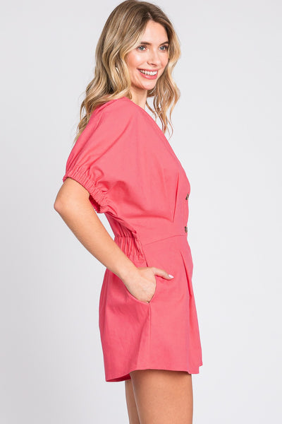 Half Button V-Neck Linen Romper in Pink Southern Soul Collectives