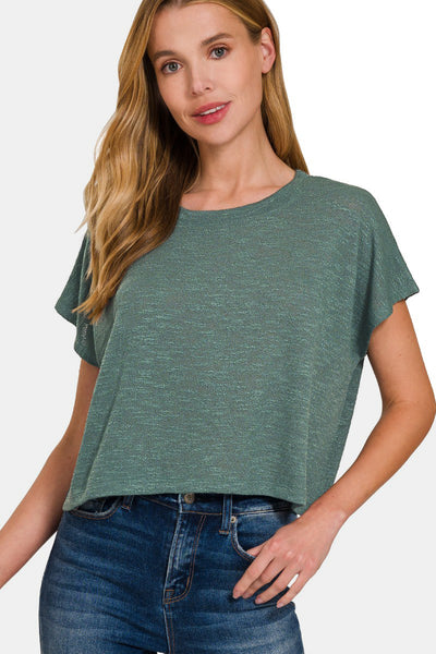 Zenana Round Neck Short Sleeve Crop T-Shirt in Ash Jade Green Southern Soul Collectives