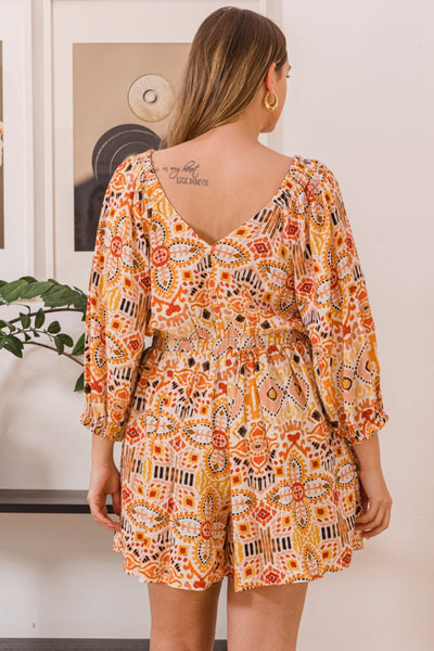 Betty Jean Printed Quarter Sleeve Ruffled Bodice Romper with Pockets Southern Soul Collectives