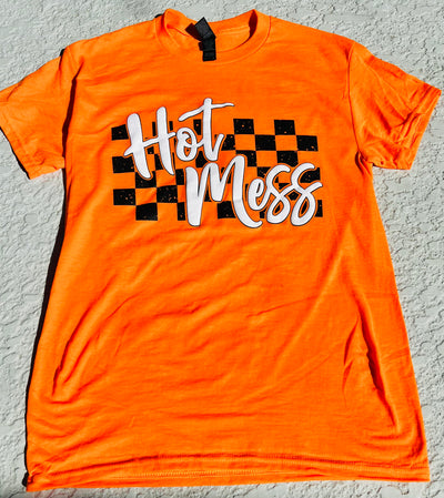 Hot Mess Checkered Graphic T-shirt in Safety Orange - Southern Soul Collectives