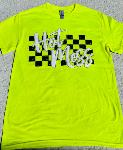 Hot Mess Checkered Graphic T-shirt in Safety Green - Southern Soul Collectives