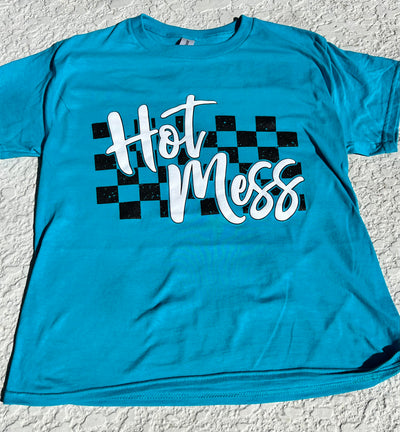 Hot Mess Checkered Graphic T-shirt in Tropical Blue - Southern Soul Collectives