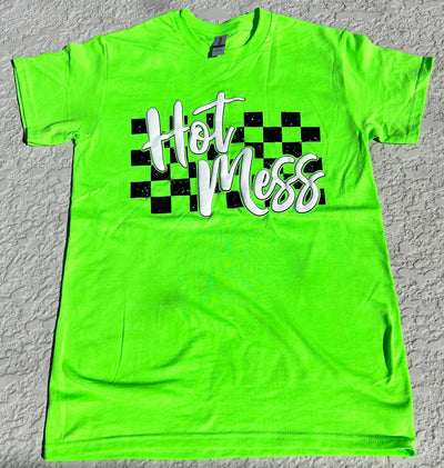 Hot Mess Checkered Graphic T-shirt in Neon Green - Southern Soul Collectives
