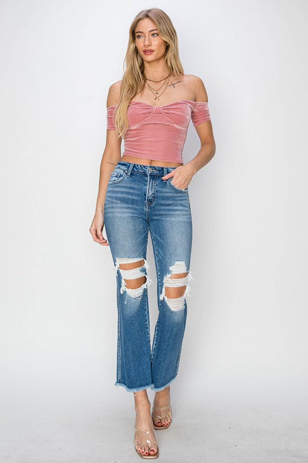 RISEN Mid Rise Distressed Cropped Flare Jeans Southern Soul Collectives