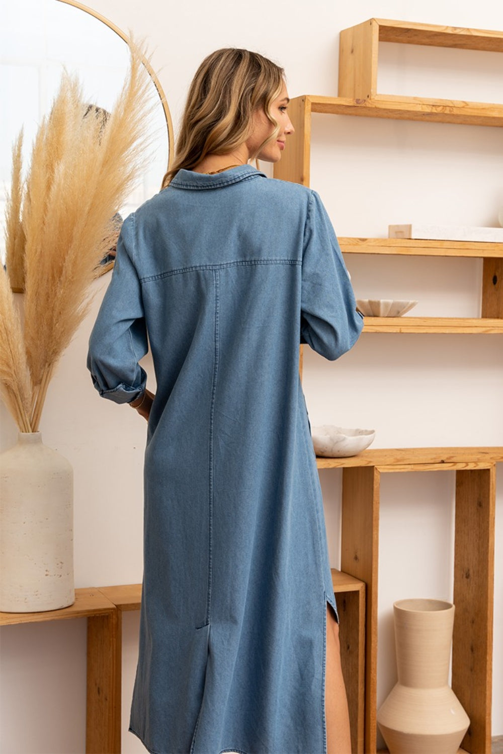 In Love High-Low Button Up Roll-Tab Long Sleeve Denim Dress Southern Soul Collectives