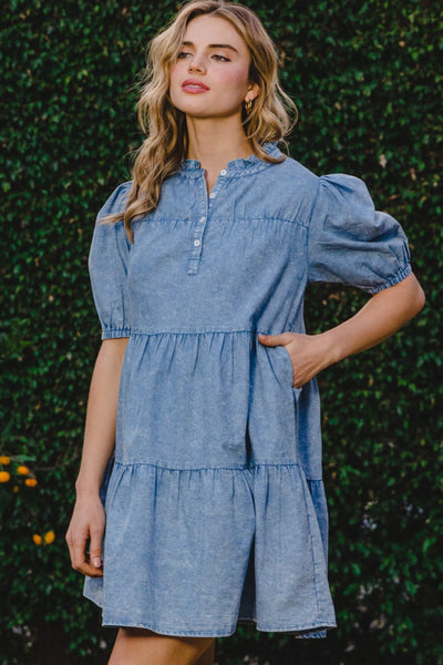 ODDI Washed Tiered Mini Denim Dress Southern Soul Collectives