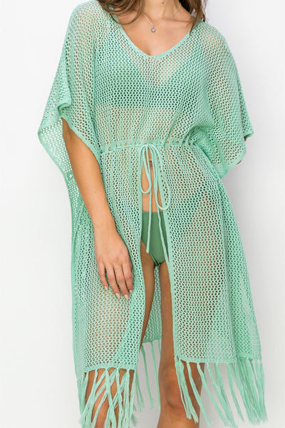 Drawstring Waist Fringed Hem Swim Cover Up in Mint Southern Soul Collectives