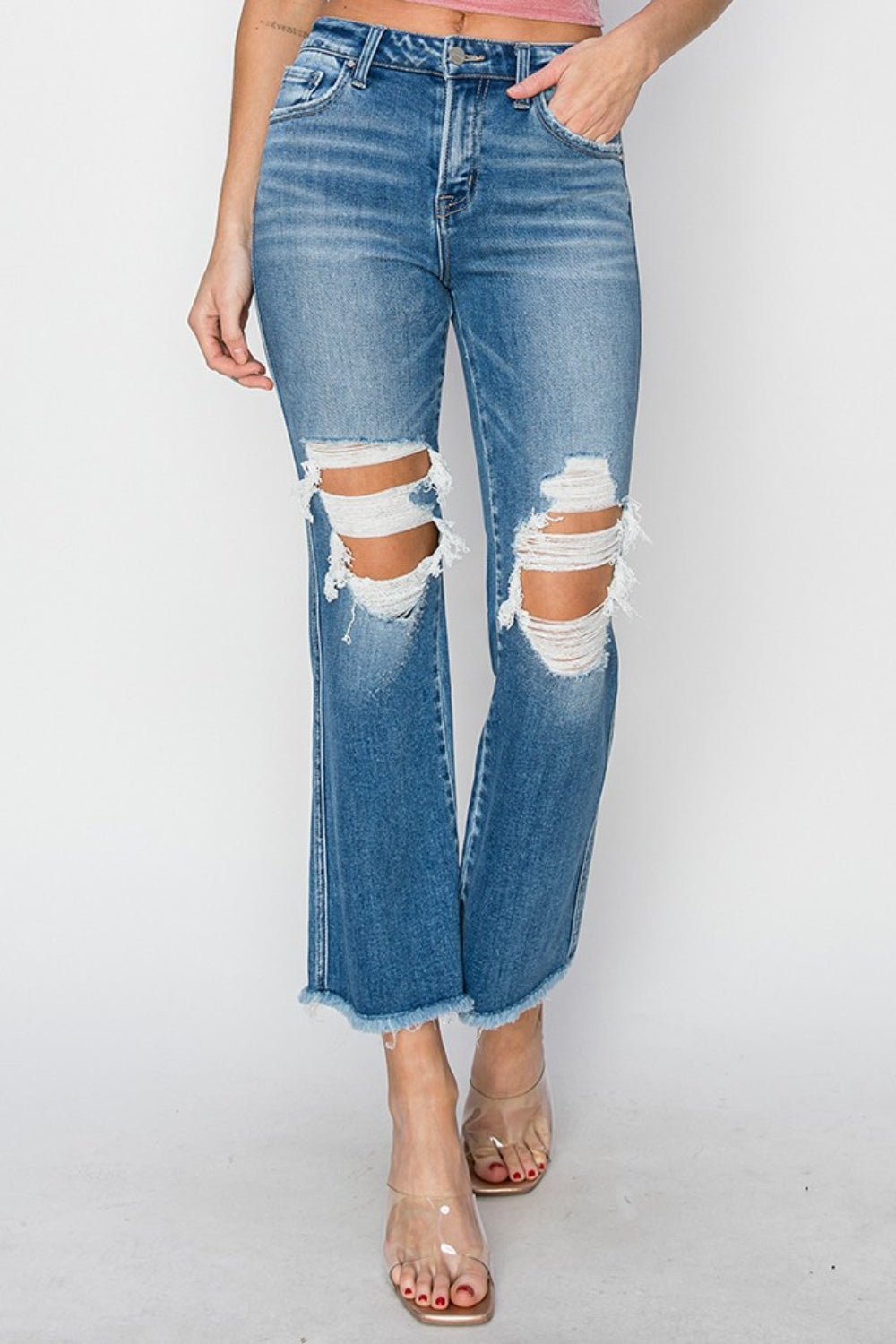 RISEN Mid Rise Distressed Cropped Flare Jeans Southern Soul Collectives
