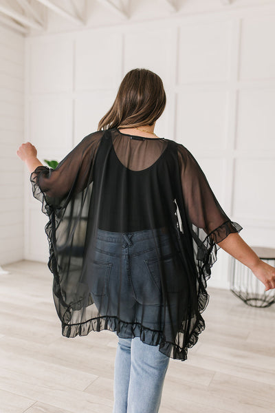 Leave You Guessing Black Ruffle Trim Kimono Womens Southern Soul Collectives 
