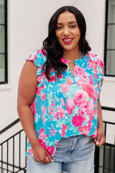 Lizzy Flutter Sleeve Top in Blue and Pink Roses Southern Soul Collectives