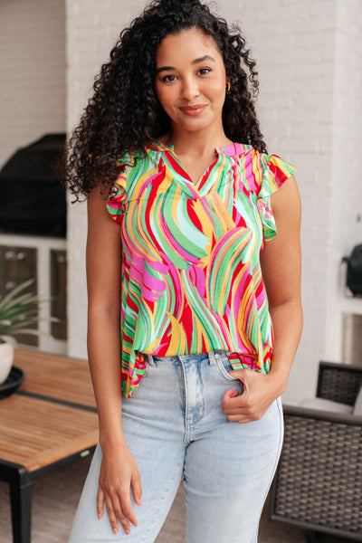 Lizzy Flutter Sleeve Top in Green Multi Abstract Stripe Southern Soul Collectives