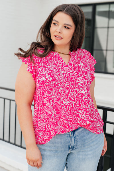 Lizzy Flutter Sleeve Top in Hot Pink and White Floral Southern Soul Collectives