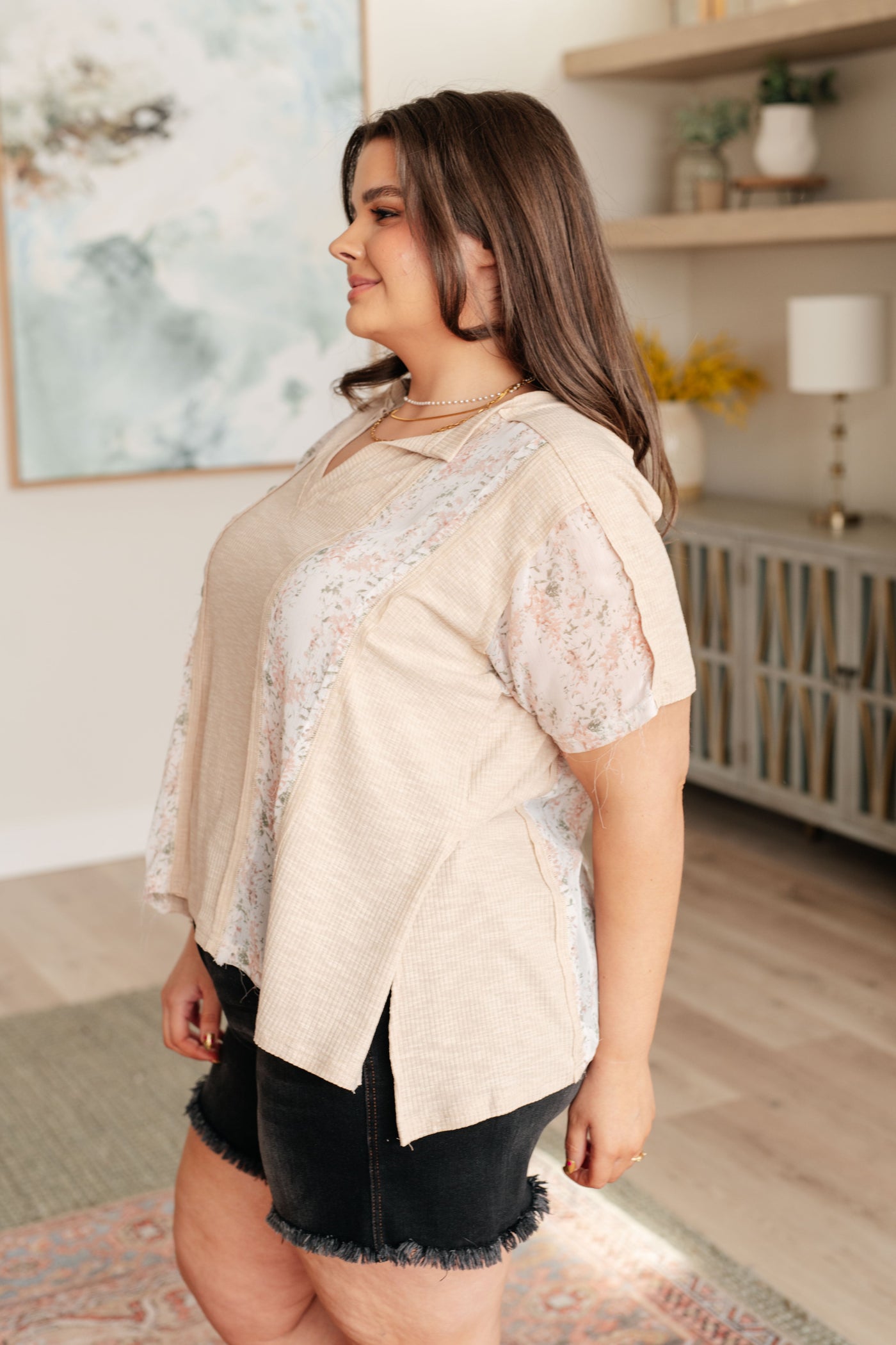 Mention Me Floral Accent Top in Toasted Almond Southern Soul Collectives