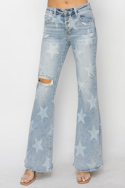RISEN Mid Rise Button Fly Start Print Flare Jeans Southern Soul Collectives
