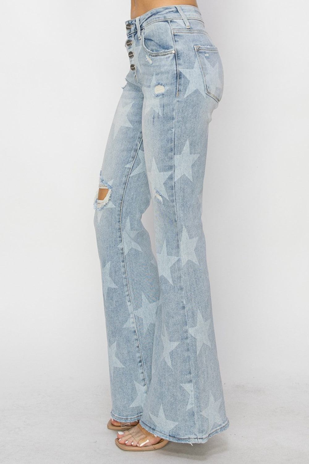RISEN Mid Rise Button Fly Start Print Flare Jeans Southern Soul Collectives