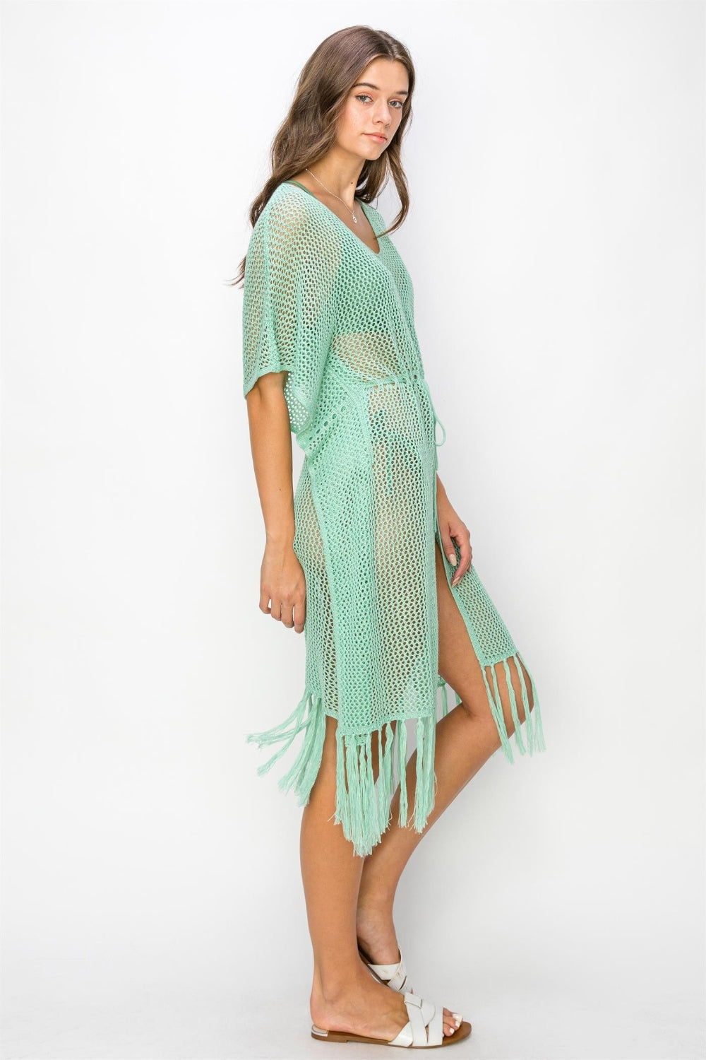 Drawstring Waist Fringed Hem Swim Cover Up in Mint Southern Soul Collectives