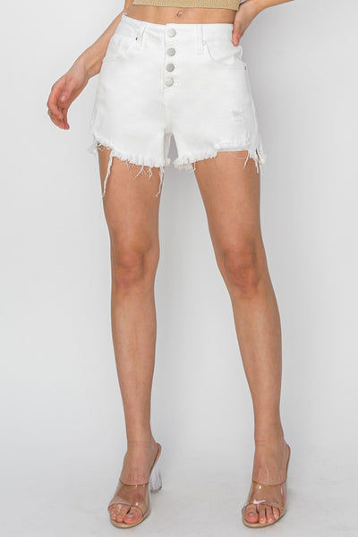 RISEN Button Fly Frayed Hem Denim Shorts in White Southern Soul Collectives