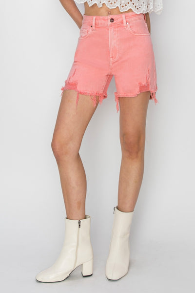 RISEN High Rise Distressed Denim Shorts in Pink Flamingo Southern Soul Collectives