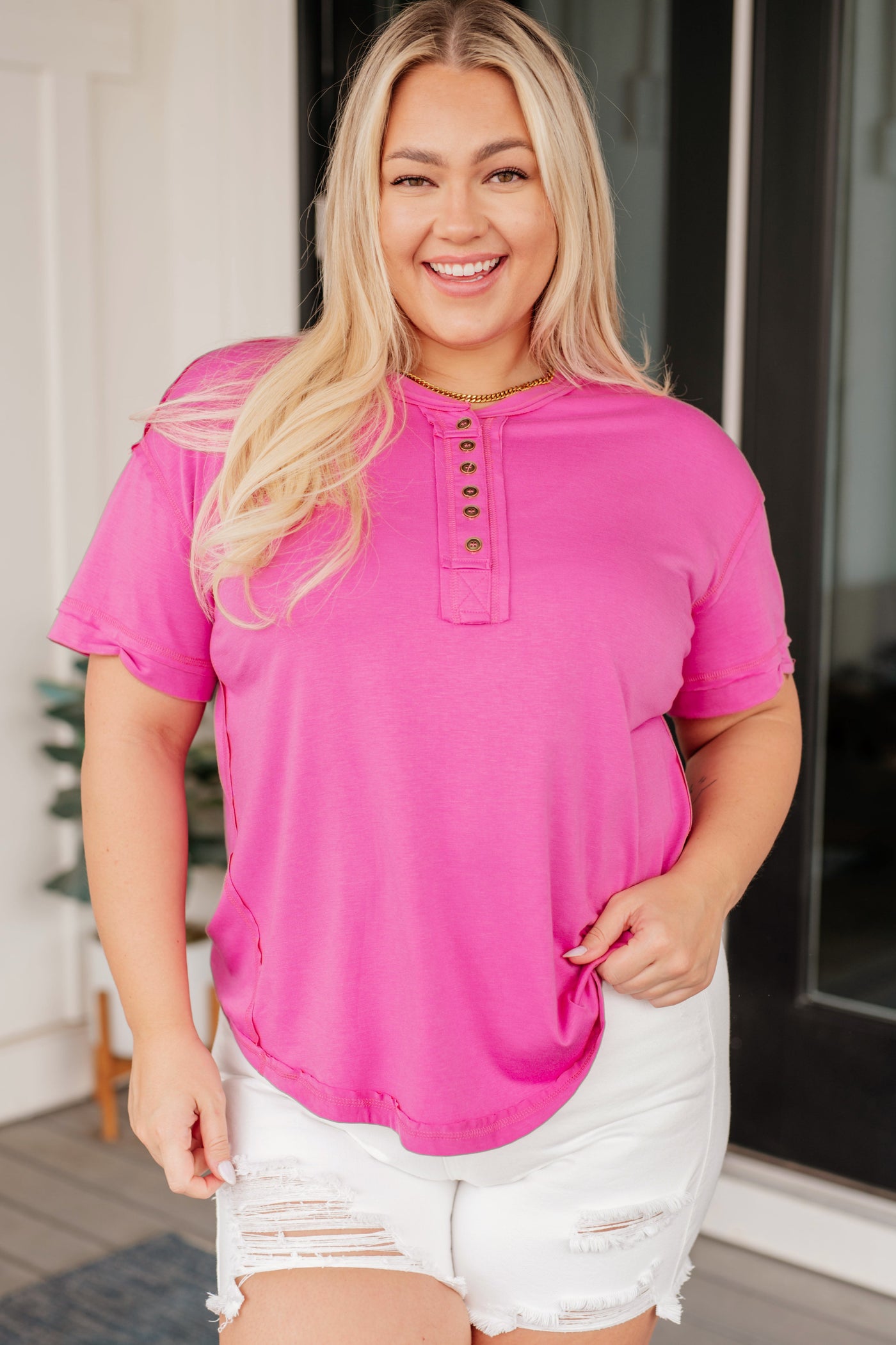 On A Whim Pink Raw Hem Henley Tee Southern Soul Collectives