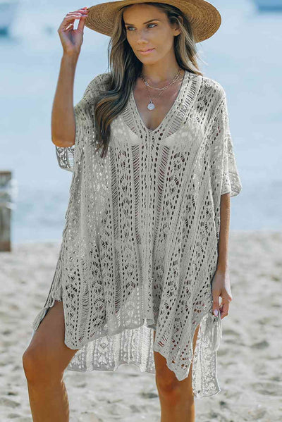 Openwork V-Neck Slit Swim Cover Up in Gray  Southern Soul Collectives