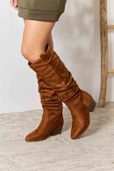 Block Heel Knee High Scrunch Boots in Chestnut - Southern Soul Collectives