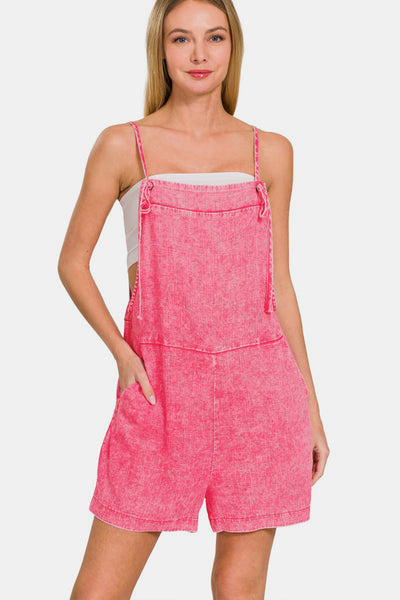 Washed Linen Knot Strap Romper in Fuchsia  Southern Soul Collectives