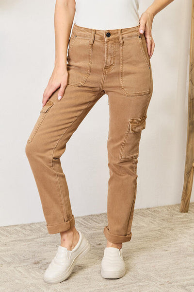 Risen High Waist Straight Cargo Jeans with Pockets in Camel - Southern Soul Collectives