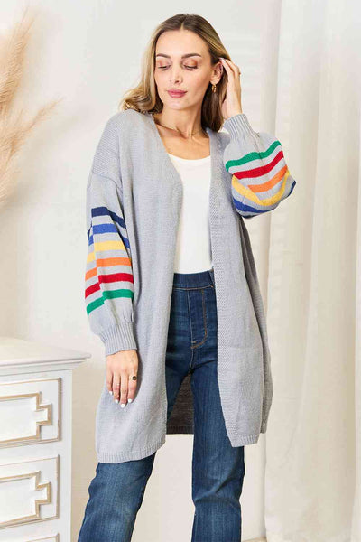 Rainbow Stripe Sleeve Open Front Longline Cardigan in Light Gray - Southern Soul Collectives