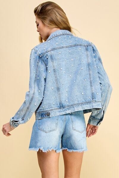 Up Pearl Detail Long Sleeve Denim Jacket  Southern Soul Collectives