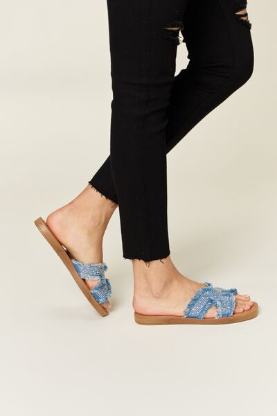 Raw Trim Denim and Rhinestone H-Band Flat Sandals  Southern Soul Collectives