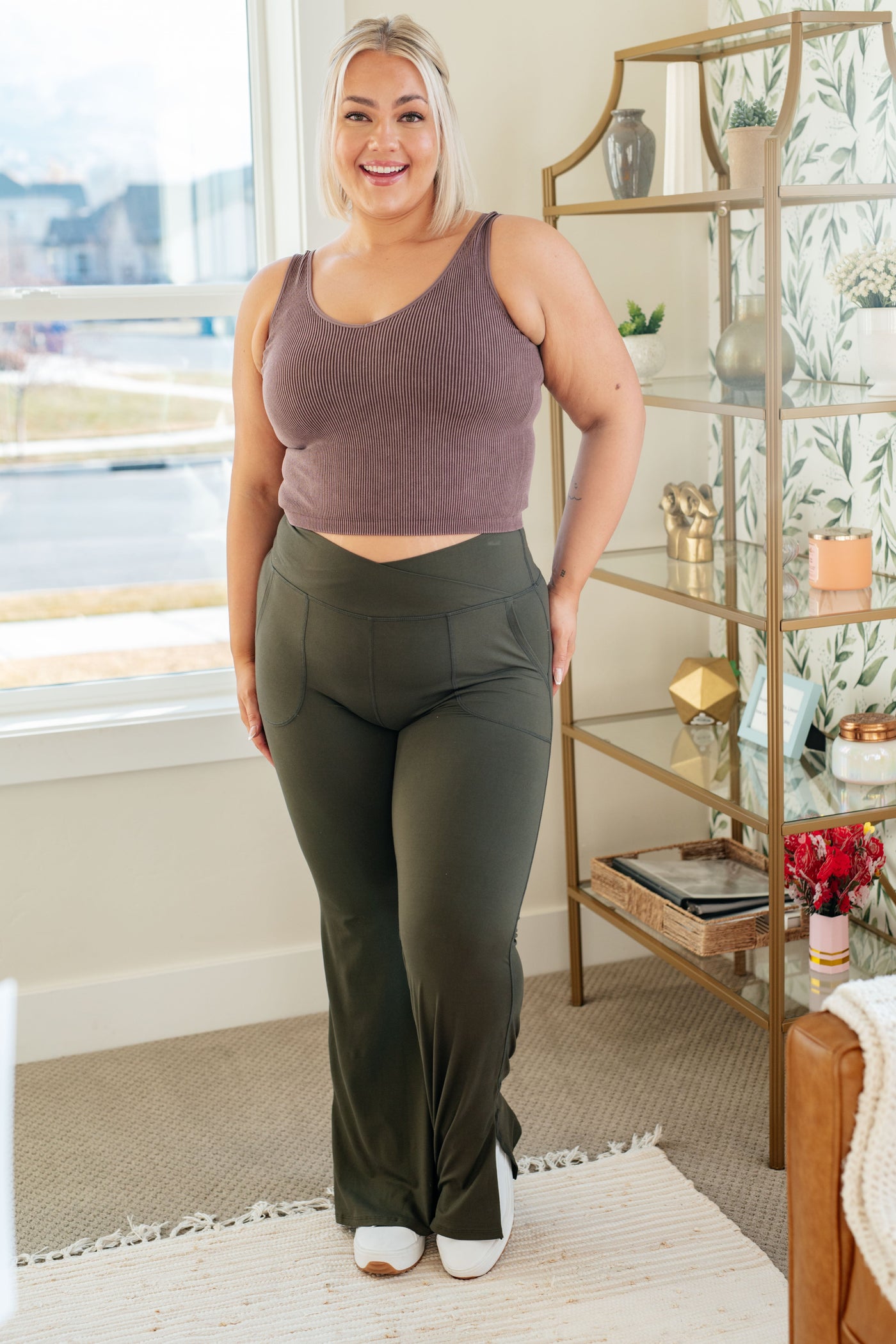 On the Move V Front Flare Leggings in Olive Womens Southern Soul Collectives