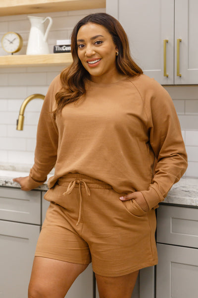 Long Sleeve Sweatshirt Top & Shorts Set In Camel Womens Southern Soul Collectives 