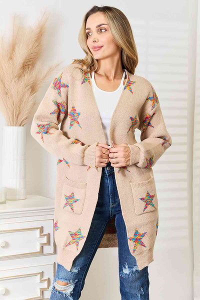 Rainbow Star Pattern Open Front Longline Cardigan in Mocha - Southern Soul Collectives