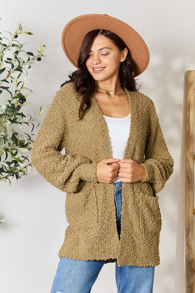 Falling For You Open Front Popcorn Cardigan with Pockets in Khaki - Southern Soul Collectives