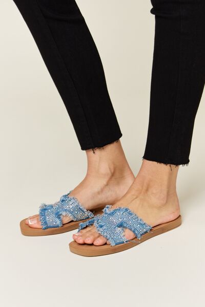 Raw Trim Denim and Rhinestone H-Band Flat Sandals  Southern Soul Collectives