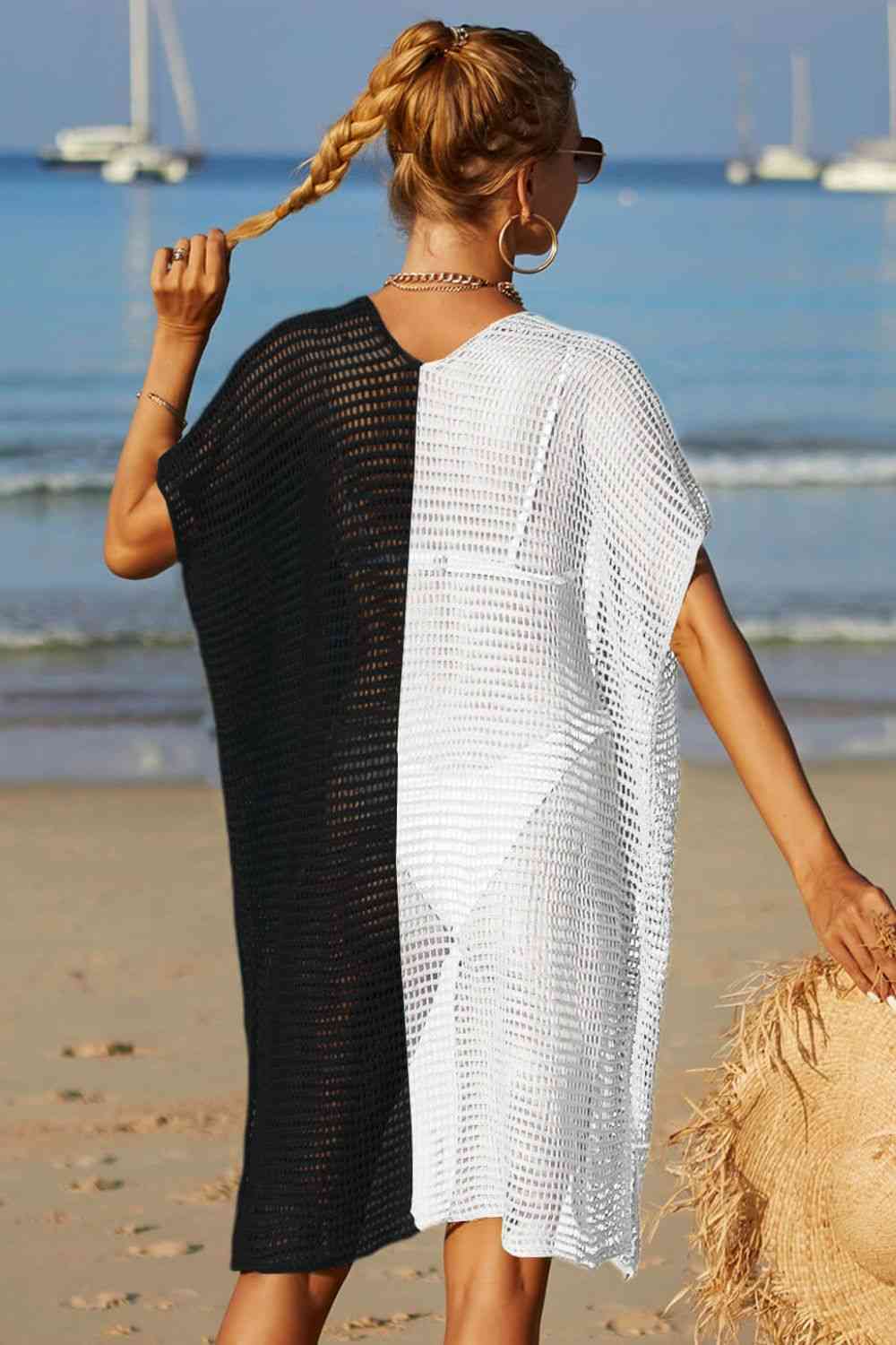 Two-Tone Black & White Side Slit Open Front Swim Cover Up  Southern Soul Collectives