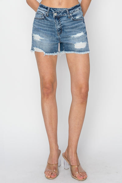 RISEN Stepped Waist Frayed Denim Shorts Southern Soul Collectives