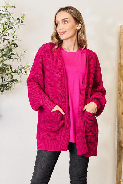 Waffle-Knit Open Front Cardigan in Magenta - Southern Soul Collectives