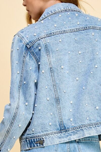 Up Pearl Detail Long Sleeve Denim Jacket  Southern Soul Collectives