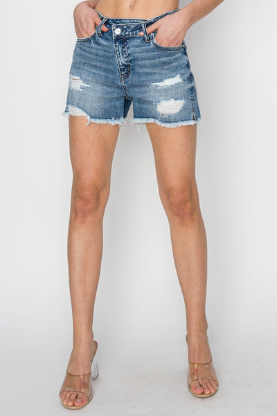 RISEN Stepped Waist Frayed Denim Shorts Southern Soul Collectives