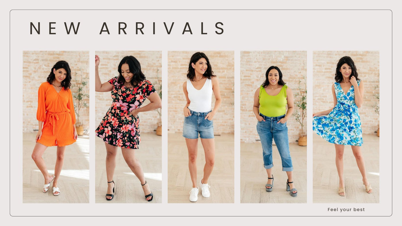 new arrivals tops, bottoms, dresses, skirts, jewelry, shoes, accessories, swimsuits