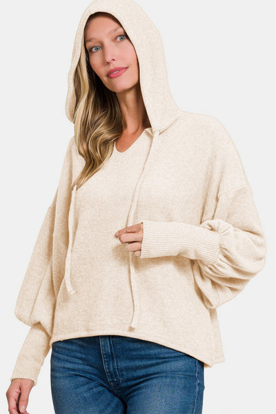 Zenana Brushed Hacci Drop Shoulder Cropped Hoodie in Sand Beige Southern Soul Collectives