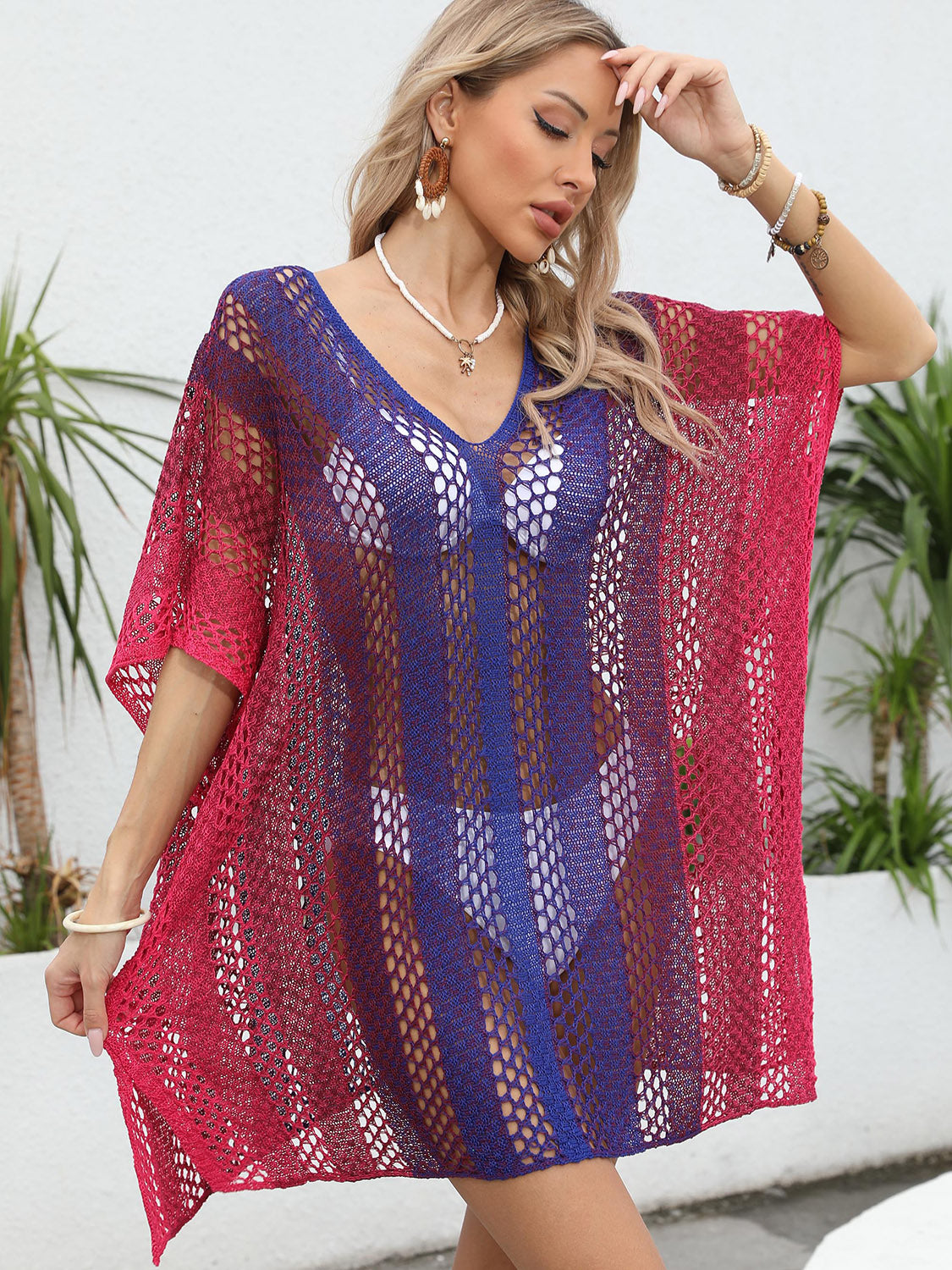 Openwork Contrast Stripe V-Neck Swim Cover-Up in Multiple Colors Southern Soul Collectives