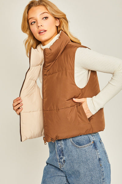 Zip Up Cropped Contrast Reversible Vest in Cocoa Camel Southern Soul Collectives