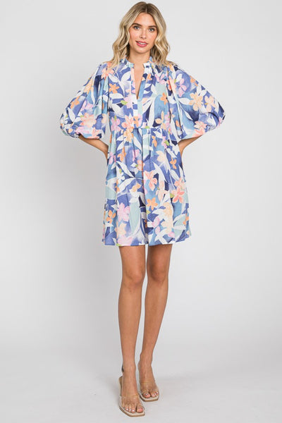 Floral Print Balloon Sleeves Mini Dress in Blue Southern Soul Collectives
