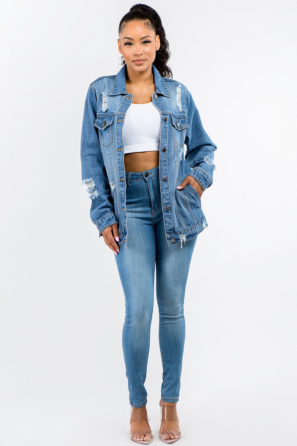 American Bazi Full Size Button Up Distressed Denim Jacket Southern Soul Collectives