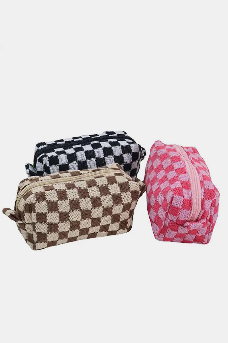 Zenana Checkered Pattern Knitted Cosmetic Pouch Makeup Bag in Multple Colors Southern Soul Collectives