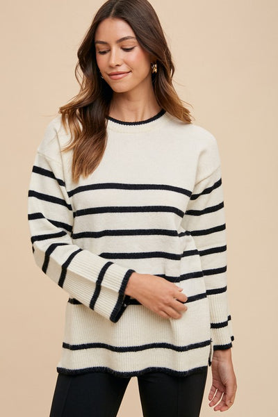 Annie Wears Side Slit Striped Round Neck Ivory Sweater Southern Soul Collectives