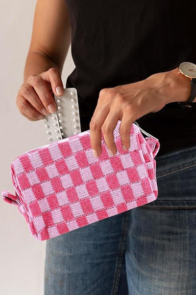 Zenana Checkered Pattern Knitted Cosmetic Pouch Makeup Bag in Multple Colors Southern Soul Collectives